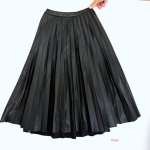 Zara Black Faux Leather Pleated Midi Skirt Elastic Waist Accordion Vegan 11-12